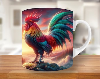 Colorful Rooster Mug Wrap, 11oz & 15oz Mug Template, Mug Sublimation Design, Mug Wrap Template, Digital Download PNG, Rooster mug wrap png