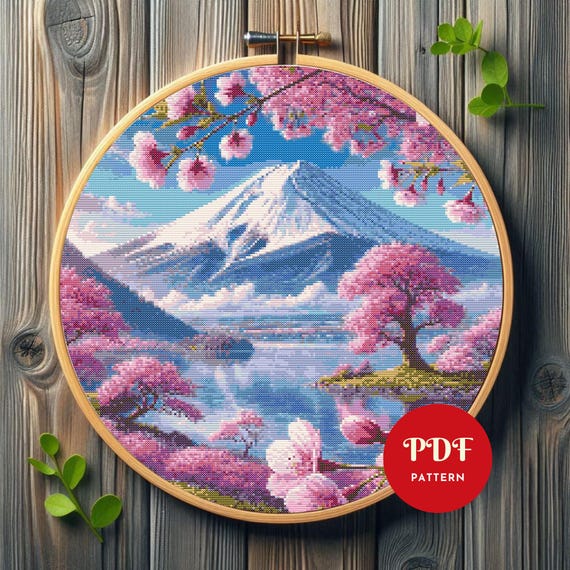 富士山のクロスステッチ図案、日本の風景刺繍デザイン、桜の刺繍図案