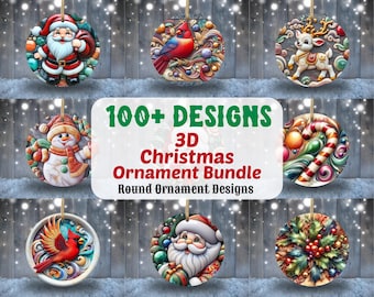 May include: A collection of round Christmas ornaments with various 3D designs. The ornaments feature images of Santa Claus, a cardinal, a reindeer, a snowman, a candy cane, and holly. The text "100+ DESIGNS 3D Christmas Ornament Bundle Round Ornament Designs" is also present.