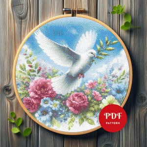 Dove and Flowers Cross Stitch Pattern, Bird Embroidery Design, Needlepoint Chart, Easy Cross Stitch PDF Pattern, Instant Download, DIY