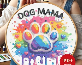 Dog Mama Cross Stitch Pattern, Colorful Paw Embroidery Pattern, Animal Embroidery Design, Cross Stitch PDF Pattern File, Digital download