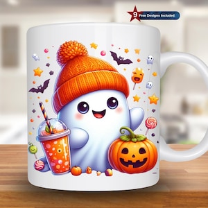 Cute Halloween Ghost Mug Wrap, 11oz & 15oz Mug Template, Halloween Mug Sublimation Design, Coffee Mug Wrap Template, Instant Download PNG