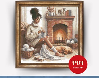 Girl Knitting Cross Stitch Pattern, African American Woman Embroidery (PDF Pattern),Instant Download