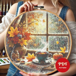 Motif de point de croix café automne, motif de broderie paysage, motif de broderie pluie, fichier de motif PDF au point de croix, téléchargement numérique
