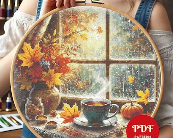 Autumn Coffee Cross Stitch Pattern, Landscape Embroidery Pattern, Rain Embroidery Design, Cross Stitch PDF Pattern File, Digital download