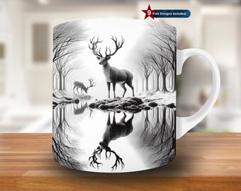 Envoltura de taza de ciervo y bosque nevado en 3D, plantilla de taza de 11 oz y 15 oz, diseño de sublimación de taza de Navidad, plantilla de envoltura de taza de café, descarga digital PNG