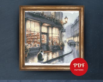 Padrão de ponto cruz Rainy Bookstore Street, design de bordado aconchegante, gráfico de bordado, padrão de ponto cruz fácil em PDF, download instantâneo, faça você mesmo