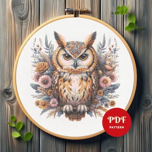 Uil en bloemen kruissteekpatroon, landschapsborduurpatroon, vogelborduurontwerp, pdf-patroonbestand kruissteek, digitale download