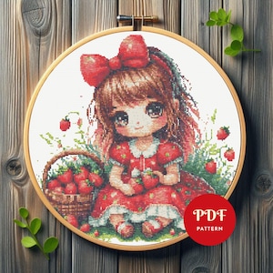 Strawberry Girl Cross Stitch Pattern, Cute Little GirlEmbroidery Design,Needlepoint Chart, Easy Cross Stitch PDF Pattern, Instant Download