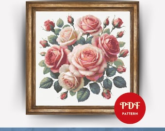 甘いピンクのバラのクロスステッチパターン デジタルパターン モダンな