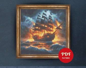 May include: Framed cross-stitch pattern of a burning pirate ship at sea, under a stormy sky with lightning. The artwork is in a gold-colored frame. The image includes a red circle with the text "PDF PATTERN".