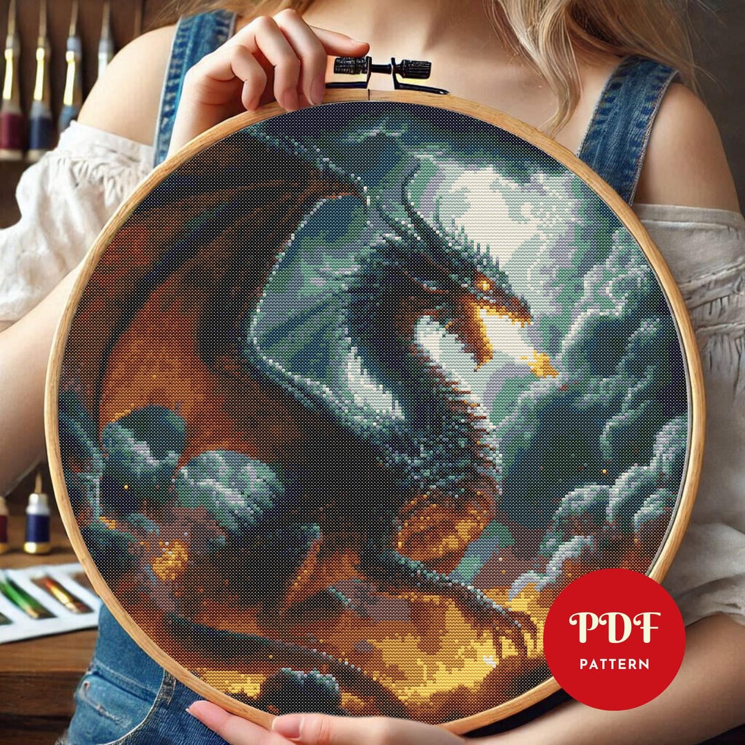 Fire Breathing Dragon Cross Stitch Pattern, Fantasy Beast Embroidery ...