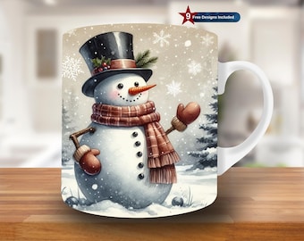 Vintage Snowman Mug Wrap PNG, Christmas Winter Sublimation Design, 11oz, 15oz (Digital Download)
