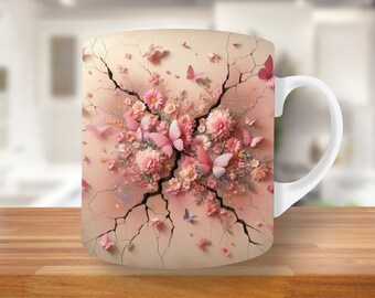 Kubek 3D Pink Butterfly Crack In A Wall Wrap, 11oz i 15oz projekt kubka, projekt sublimacji kubka, szablon owinięcia kubka PNG, kubek do kawy, różowe kwiaty