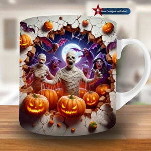 May include: White ceramic mug featuring a Halloween-themed design. The design includes mummies, jack-o'-lanterns, bats, and a full moon. The mug has a white handle and the text "9 Free Designs Included" on the top right.