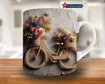 May include: White ceramic mug with a design of a bicycle with baskets of flowers on a cracked white background.