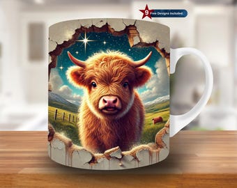 3D Cute Highland Cow Hole in a Wall Mug Wrap, 11oz & 15oz Mug Template, Farmer Mug Sublimation Design,Mug Wrap Template,Instant Download PNG