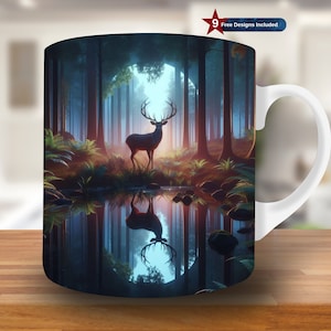 Deer in Forest Mug Wrap, 11oz & 15oz Mug Template, Mug Sublimation Design, Mug Wrap Template, Instant Digital Download PNG, Lake reflection