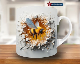 May include: White ceramic mug with a 3D illustration of a bee breaking through a cracked wall. The bee has yellow and black stripes and blue wings. The mug has a white handle and the text "9 Free Designs Included".