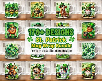 Pacchetto di decorazioni per tazze per il giorno di San Patrizio, modello per tazze da 11 oz e 15 oz, design per sublimazione per tazze Pattys, modello per decorazione tazze portafortuna, download immediato PNG