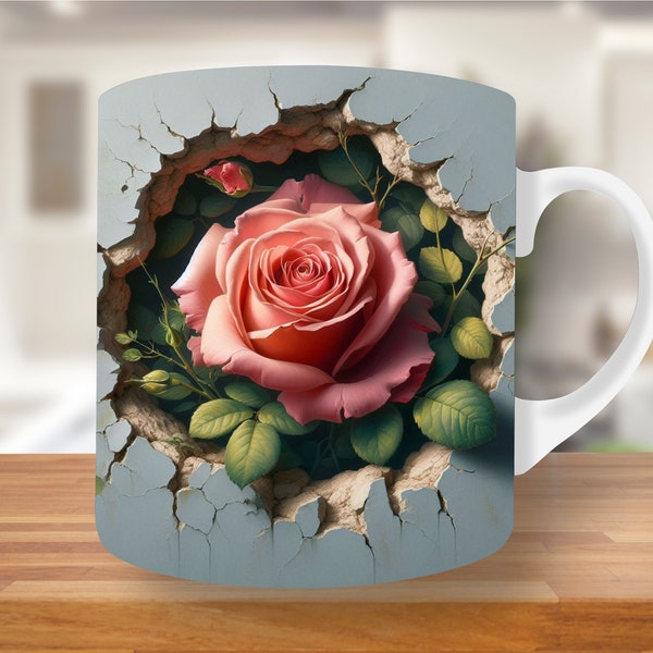 Rose 3D trouée dans un mur, modèle de tasse 11 oz et 15 oz, design par sublimation de tasse, modèle d'emballage de tasse PNG, tasse de la Saint-Valentin, emballage de tasse rose png thumbnail