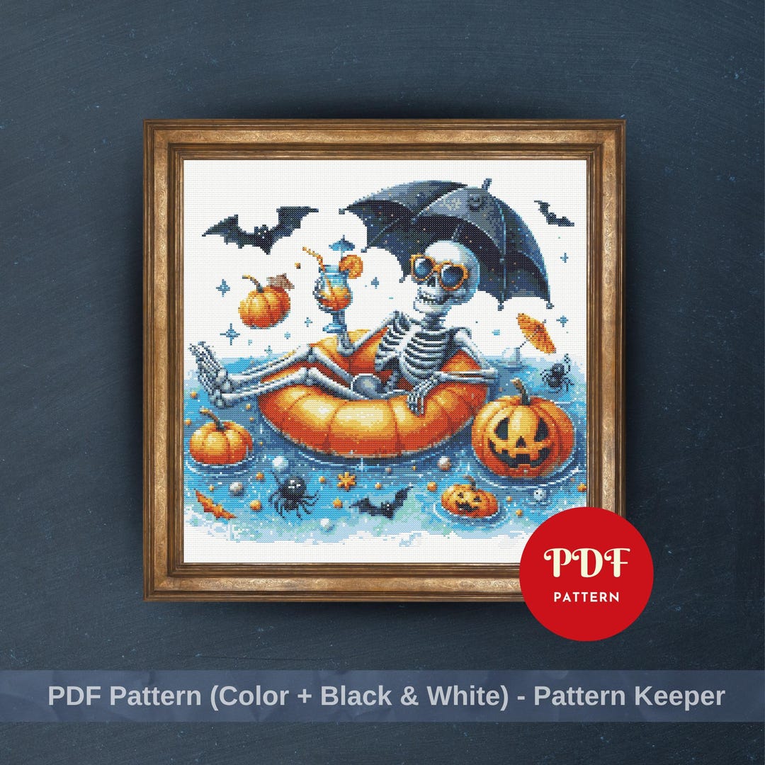 Halloween Skeleton Cross Stitch Pattern, Spooky Pool Party Embroidery ...