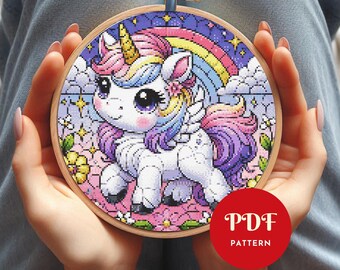 Cute Unicorn Cross Stitch Pattern, Rainbow Embroidery Design, Fantasy Needlepoint Chart, Easy Cross Stitch PDF Pattern, Instant Download,DIY