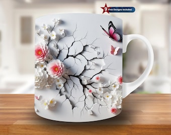 Envoltura para taza con agujero en la pared y mariposa rosa en 3D, diseño de taza de 11 oz y 15 oz, diseño de sublimación de taza con flores, plantilla de envoltura para taza de café PNG, PNG digital