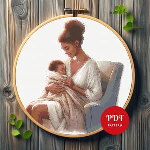 Moeder en baby kruissteekpatroon, vrouwelijk borduurontwerp, borduurkaart vrouw, eenvoudig pdf-kruissteekpatroon, digitale download, doe-het-zelf