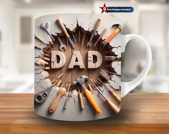 Envoltura para taza con agujero en la pared con diseño de papá y herramientas en 3D, plantilla para taza de 11 oz y 15 oz, diseño de sublimación para taza, plantilla para envoltura de taza, descarga digital instantánea PNG