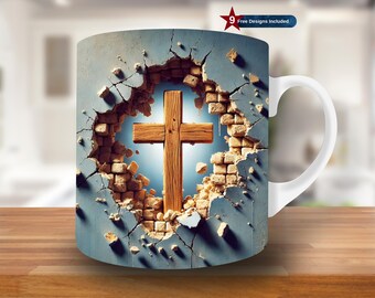Envoltura para taza con agujero en la pared con cruz de madera 3D, plantilla para taza de 11 oz y 15 oz, diseño de sublimación de taza cristiana, plantilla para envoltura de taza de Jesús, PNG digital