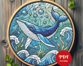 クジラのクロスステッチパターン、海の刺繍デザイン、ステンドグラスの