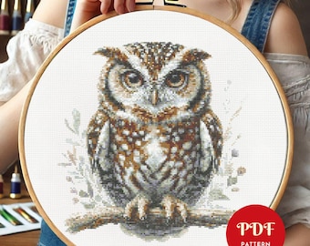 Patrón de punto de cruz de búho en rama en formato PDF, bordado de aves (compatible con Pattern Keeper, descarga instantánea)