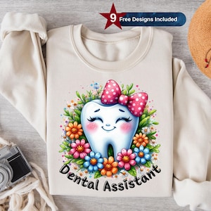Asistente dental (Png), diseño de sublimación bonito, clipart de diente, flores (Png), floral (Png), retro (Png), diseño de camiseta, descarga instantánea (Png), DTF