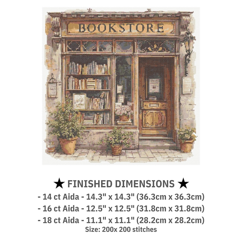May include: Cross-stitch pattern of a bookstore facade with the word "BOOKSTORE" above the window. The image shows a wooden door, shelves of books, and potted plants. Finished dimensions are listed as 14.3" x 14.3", 12.5" x 12.5", and 11.1" x 11.1".