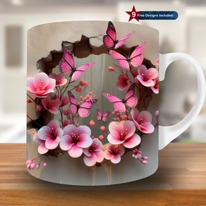 3D Pink Flowers and Butterfly Hole in a Wall Mug Wrap,11oz & 15oz Mug Template,Mug Sublimation Design,Mug Wrap Template,Digital Download PNG