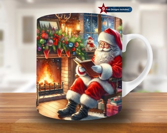 3D Santa Fireplace Mug Wrap PNG, Christmas Sublimation Design, 11oz, 15oz (Digital Download)