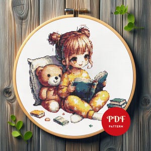 Adorable Girl Reading Book Cross Stitch Pattern, Cute Little Girl Embroidery Design,Needlepoint Chart, Easy Cross Stitch PDF Pattern, yellow