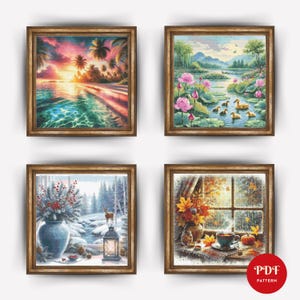 Pode incluir: Quatro padrões de ponto cruz emoldurados que representam as diferentes estações do ano: uma cena de praia tropical, um lago com flores de lótus e patos, uma cena de floresta de inverno com um veado e uma cena de outono com uma janela e uma xícara de chá.