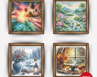 May include: Four framed cross-stitch patterns depicting different seasons: a tropical beach scene, a pond with lotus flowers and ducks, a winter forest scene with a deer, and a fall scene with a window and a cup of tea.