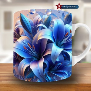 3D Blue Lily Mug Wrap, 11oz & 15oz Mug Template, Floral Mug Sublimation Design, Flower Mug Wrap Template PNG, Instant Digital Download PNG