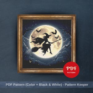 Witch Cross Stitch Pattern, Halloween Moon Embroidery Design, Flying Witch Needlepoint Chart, Witchcraft PDF Pattern,Spooky Cross Stitch,DIY