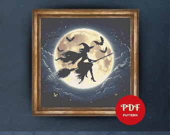 Witch Cross Stitch Pattern, Halloween Moon Embroidery Design, Flying Witch Needlepoint Chart, Witchcraft PDF Pattern,Spooky Cross Stitch,DIY