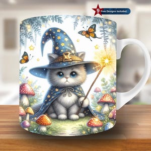 May include: White ceramic mug featuring a whimsical illustration of a fluffy white cat dressed as a wizard, wearing a blue hat and cape with gold stars. The design includes butterflies, mushrooms, and the text "9 Free Designs Included".