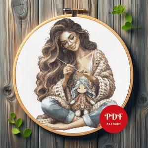 Crafting Woman Cross Stitch Pattern, Handmade Doll Embroidery Design, Cozy Hobby Needlepoint Chart, Relaxing Cross Stitch PDF Pattern, DIY