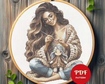 Crafting Woman Cross Stitch Pattern, Handmade Doll Embroidery Design, Cozy Hobby Needlepoint Chart, Relaxing Cross Stitch PDF Pattern, DIY