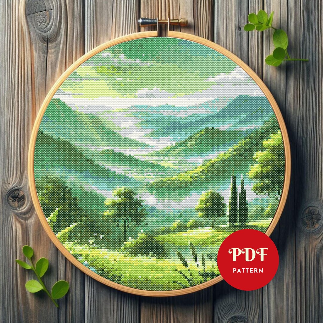 風景刺繍作品 緑色フレーム 緑の風景クロスステッチパターン（PDF）、山岳デザイン（パターン
