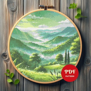 Green Landscape Cross Stitch Pattern, Mountain Valley Embroidery Design, Needlepoint Chart, Easy Cross Stitch PDF Pattern, Instant Download