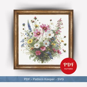 Lentebloemen kruissteekpatroon, lente borduurpatroon, wilde bloem borduurontwerp, pdf-patroonbestand kruissteek, kleurrijke bloem