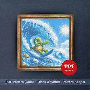 May include: A framed cross-stitch pattern featuring a green turtle surfing a blue wave under a bright sun. The artwork is in a wooden frame and includes the text "PDF Pattern" in a red circle and "PDF Pattern (Color + Black & White) - Pattern Keeper".